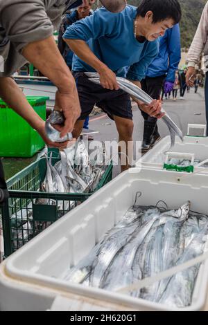 pêcheurs avec des marchandises dans le port de heping Banque D'Images