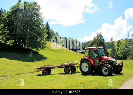 lindner geotrac 73,3300 cm–³,3 cylindres,bj.2009,tracteur pendant la récolte de foin,allemagne,bavière,haute-bavière,werdenfelser land,isar vallée,mittenwald,kranzberg,wildensee,buckelwiesen,fourgon de foin Banque D'Images