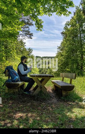 europe,allemagne,bade-wurtemberg,région de schönbuch,waldenbuch,randonneurs dans une zone de repos pittoresque sur le chemin herzog-jäger Banque D'Images