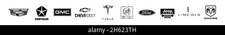 Kiev, UKRAINE.21 novembre 2021 : logo de la marque American car Company.Tesla, esquiver, ford, RAM, lincoln,cadillac, jeep Illustration de Vecteur