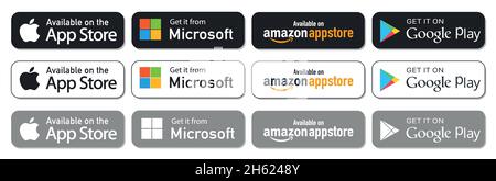 Kiev, Ukraine - 7 novembre 2021: Boutons Google Play Store, Amazon AppStore, Apple App Store, Microsoft Illustration de Vecteur