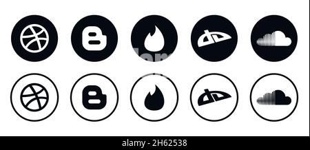 Kiev - 11 novembre 2021: Collection populaire de logotypes de médias sociaux: Facebook, TikTok, instagram, twitter, youtube,linkedin, Pinterest. Illustration de Vecteur