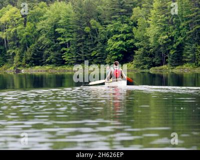 camping au canada,ontario,parc provincial kawartha highlands,2 hommes pagayant un canot Banque D'Images