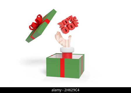 Main du Père Noël de dessin animé sortant d'une boîte cadeau avec 10 pour cent de texte isolé sur fond blanc.Concept de Noël.illustration 3d. Banque D'Images