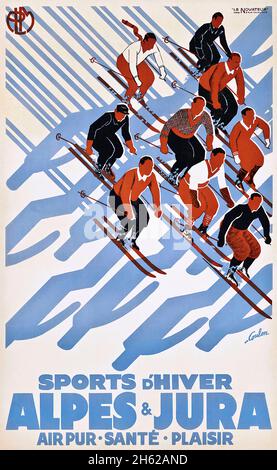 Eric de COULON, ALPES & JURA, PLM - Poster de voyage d'époque - Sport d'hiver.Sports d'hiver.1935. Banque D'Images