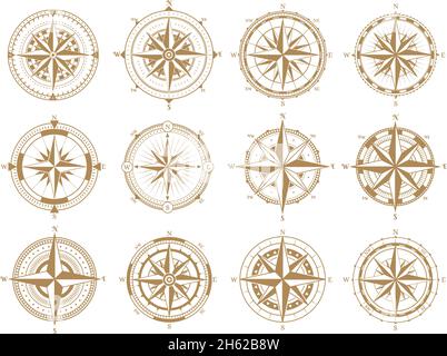 Rétro navigation nautique rose compas vent.Vintage rose vent marine navigation mesure compas illustration vecteur jeu de symboles.Antique Illustration de Vecteur