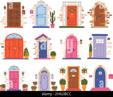 Entrées de la maison, portes en bois de façade rétro.Vintage portes d'entrée, mur extérieur fermé portes ensemble d'illustrations vectorielles.Dessiné à la main Illustration de Vecteur
