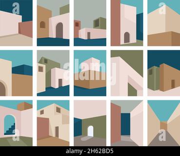 Bâtiment moderne, affiches abstraites d'éléments d'architecture géométrique.L'abstraction minimaliste de construction urbaine couvre l'ensemble d'illustrations vectorielles.Architecture Illustration de Vecteur