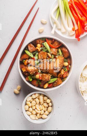 Kung pao ou kung po, cuisine chinoise traditionnelle préparée avec du poulet, du bœuf ou de la viande de porc, parfois des fruits de mer, avec du riz comme plat d'accompagnement, plat Banque D'Images