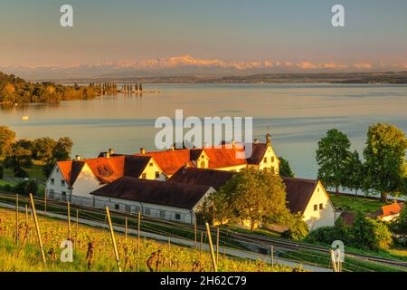 vue du château de maurach sur le lac de constance aux alpes suisses avec säntis (2502m), unteruhldingen, lac de constance, bade-wurtemberg, allemagne Banque D'Images
