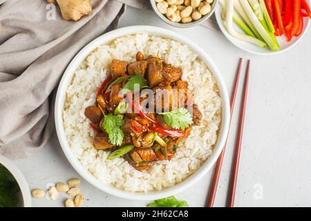 Kung pao ou kung po, cuisine chinoise traditionnelle préparée avec du poulet, du bœuf ou de la viande de porc, parfois des fruits de mer, avec du riz comme plat d'accompagnement Banque D'Images