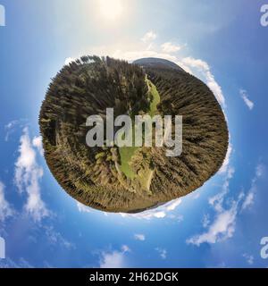 allemagne,thuringe,ilmenau,gehren,vallée,ruisseau,forêt,chemins,prairie,sol,vue aérienne,panorama sphérique Banque D'Images