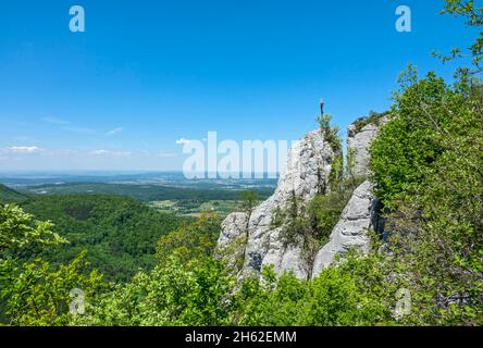 le point d'observation de wackerstein est désigné comme géotope. le groupe de rochers mesure 80 mètres de long et 25 mètres de haut. il se compose de la masse calcaire du delta jurassique blanc et de l'epsilon. le wackerstein est l'une des deux seules roches de l'alb de reutlinger qui sont adaptées à l'escalade Banque D'Images