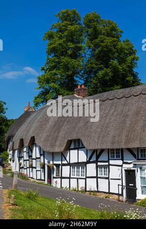 angleterre,hampshire,vallée test,wherwell,thatched cottages au printemps Banque D'Images