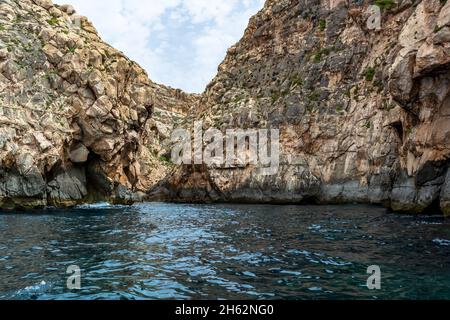 Bords rocailleux de la crique de iż-Żurrieq, près de la Grotte bleue, Malte, sortant de la mer Méditerranée et éclairé par le soleil du matin.Formations rocheuses avec Banque D'Images