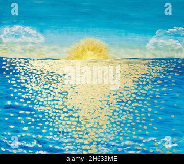 Seascape - reflet doré du soleil sur l'eau de mer.L'image est peinte dans mon propre style appelé Golden Art. Style l'art doré est l'utilisation de peintures dorées. Banque D'Images