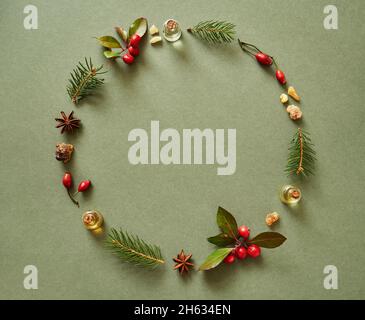 Fond de Noël vert avec bouteilles d'huile essentielle d'aromathérapie, vert hivernal, encens et hanches roses Banque D'Images