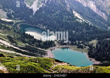 vue de la soiernspitze (2257m),sur le soiernseen,soiernhaus,coucher de soleil,soierngruppe,soiernberggruppe,montagnes karwendel,mittenwald,haute-bavière,bavière,werdenfels,allemagne,europe Banque D'Images