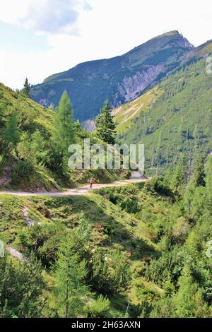 femme avec e-vélo sur le tour en vélo de retour de la plumsjochhütte (1630m) en arrière-plan le kompar (2011m) dans le eng dans les montagnes karwendel, rissbachtal, tyrol, autriche, europe, eng alm Banque D'Images