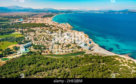 vue aérienne, plage de can picafort, torent de son baulo, majorque, iles baléares, baleares, espagne Banque D'Images