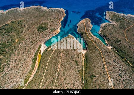 vue aérienne, baie avec plage de cala magraner, plage de cala pilota et plage de cala virgili, manacor, mallorca, europe, îles baléares, espagne Banque D'Images