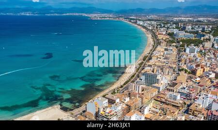 vue aérienne, baie de palma avec plage de sable et complexes d'hôtels, las maravillas, palma, majorque, îles baléares, espagne Banque D'Images