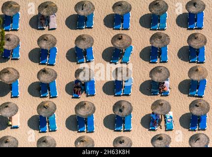 vue aérienne, parasols en paille avec chaises longues à platja de santa ponça,calvià,majorque,iles baléares,espagne Banque D'Images