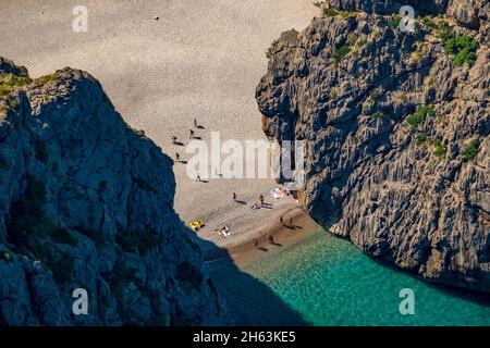 vue aérienne, baie rocheuse et plage torrent de pareis la calobra,escorca,majorque,iles baléares,espagne Banque D'Images