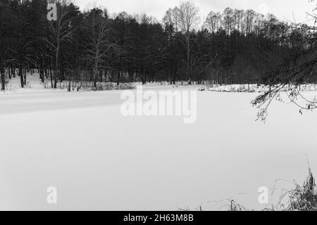 petit lac gelé et neigeux dans le petit village de gotow dans l'état de brandebourg en allemagne, noir et blanc Banque D'Images