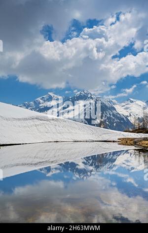 pretttau,ahrntal,province de bolzano,tyrol du sud,italie. le dreiherrnspitze se reflète dans un petit lac de montagne Banque D'Images