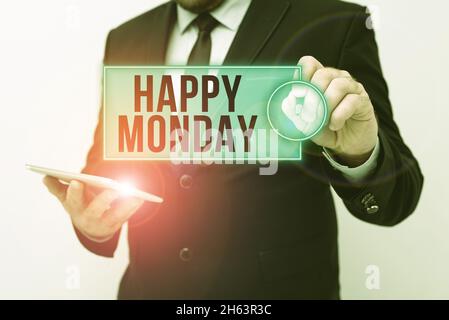 Légende du texte présentant le lundi heureux.Mot écrit sur dire à cette personne de commander pour lui souhaiter une bonne semaine de la nouvelle présentation des idées de nouvelles technologies de discussion Banque D'Images