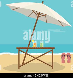 Paysage de plage avec parasol, sandales et Caipirinha Illustration de Vecteur
