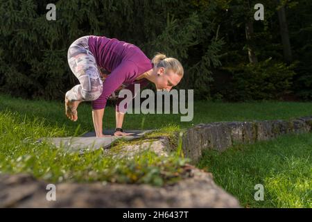 jeunes femmes faisant du yoga, wiese, am kappelberg, baden-württemberg, allemagne Banque D'Images