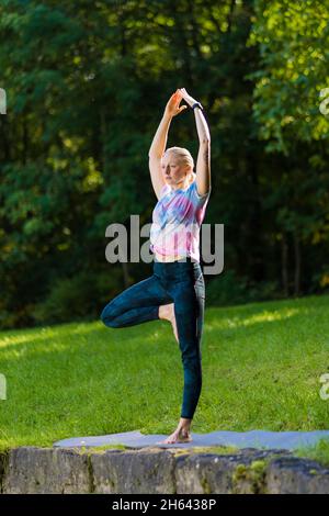 jeunes femmes faisant du yoga, wiese, am kappelberg, baden-württemberg, allemagne Banque D'Images