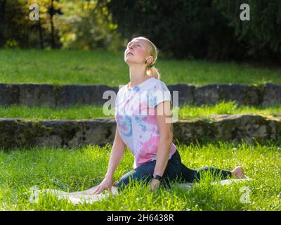 jeunes femmes faisant du yoga, wiese, am kappelberg, baden-württemberg, allemagne Banque D'Images