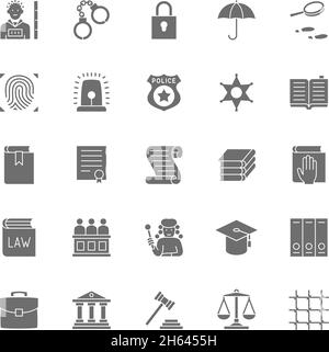 Icônes grises de l'ensemble des lois et de la justice.Criminel, menottes, Balance, police et plus encore. Illustration de Vecteur