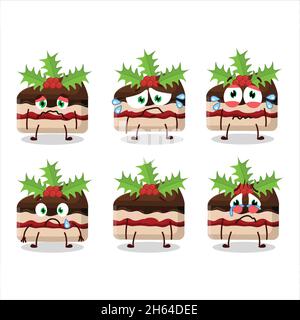 Tranche de gâteau de pudding personnage de dessin animé de noël avec une triste expression.Illustration vectorielle Illustration de Vecteur