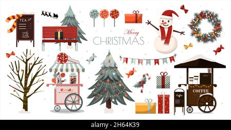 Grand ensemble vectoriel d'icônes et d'éléments de Noël.Caricature de Noël pour décorer des cartes, rue de noël.Design plat pour la nouvelle année.Noël Illustration de Vecteur