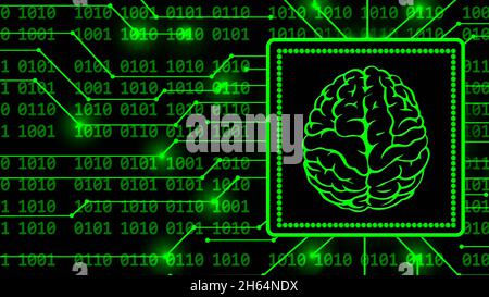Symbole du cerveau dans le cadre - arrière-plan abstrait du code binaire à 4 chiffres derrière les lignes de connexion de l'information - symbolique de l'intelligence artificielle de l'IA Banque D'Images