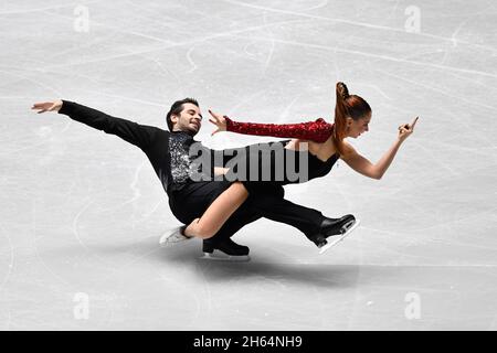 Tokyo, Japon.13 novembre 2021.Alexandra Nazarova (R)/Maxim Nikitin, de l'Ukraine, concourra pendant la danse libre sur glace au Grand Prix de patinage artistique de l'Union internationale de patinage (UIP) à Tokyo, Japon, 13 novembre 2021.Credit: Zhang Xiaoyu/Xinhua/Alay Live News Banque D'Images