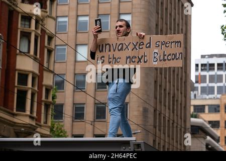 Melbourne, Australie.13 novembre 2021.Un manifestant se tient sur un arrêt de tramway tenant un écriteau lors d'une manifestation anti-gouvernementale contre Andrew lors des marches du Parlement d'État à Melbourne.Des milliers de manifestants ont enduré la pluie pour lutter contre les mandats de vaccination ainsi que contre le projet de loi draconien sur la pandémie du gouvernement Andrews.Crédit : Dave Helison/Speed Media/Alamy Live News Banque D'Images