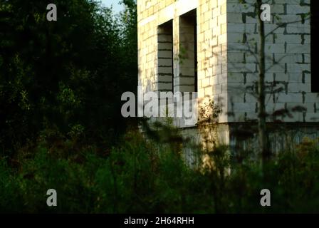 maison en briques inachevée au bord de la forêt, en été Banque D'Images