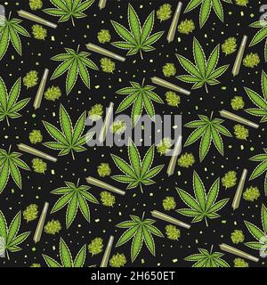 Vecteur cannabis modèle sans couture, fond carré répété de feuilles de cannabis, bourgeons médicinaux de marijuana, affiche décorative avec un rapport d'illustration découpé Illustration de Vecteur