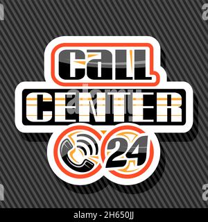 Logo Vector pour Call Center, affichage décoratif blanc avec combiné d'illustration dans un cercle rouge, lettrage au pinceau unique pour les mots Call Center 24, isolat Illustration de Vecteur