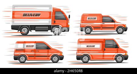 Ensemble de camionnettes Vector Delivery, collection de 4 illustrations découpées en mouvement de fourgonnette commerciale orange avec livraison de texte sur vue latérale, ensemble de chariots différents Illustration de Vecteur
