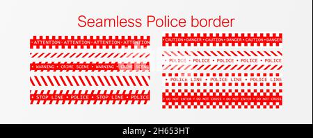 Ruban de barricade, ne pas traverser, police, ligne de danger de crime, ruban de barrière rouge vif pour les scènes officielles de crime.Bandes rouges et blanches.Style vectoriel plat Illustration de Vecteur