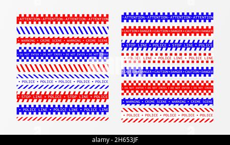 Ruban de police avertissement danger jeu isolé.Ruban de barricade, ne pas traverser, ligne de scène de crime de police rouge et bleu ruban de barrière de scène de crime officiel.Vecteur Illustration de Vecteur