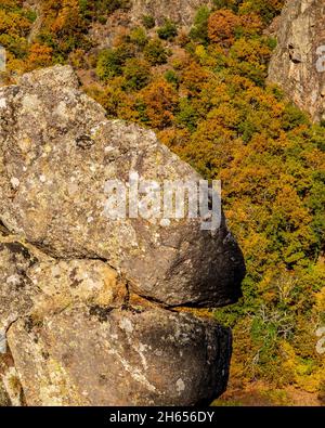 Rocher au bord de la route qui ressemble un peu à une tête de dinosaure, près de Nozières, dans le Parc National des Cévennes, Languedoc-Roussillon, France Banque D'Images