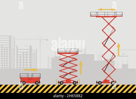 Ensemble de plateforme de levage de ciseaux sur l'arrière-plan du chantier.Relevage hydraulique.Illustration vectorielle plate. Illustration de Vecteur
