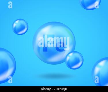 Capsule 3D en forme de goutte de fer et de Fe minéral.Bleu conception de nutrition pour la beauté, cosmétique, la publicité de santé.Conception réaliste en fer de Fe minéral Illustration de Vecteur